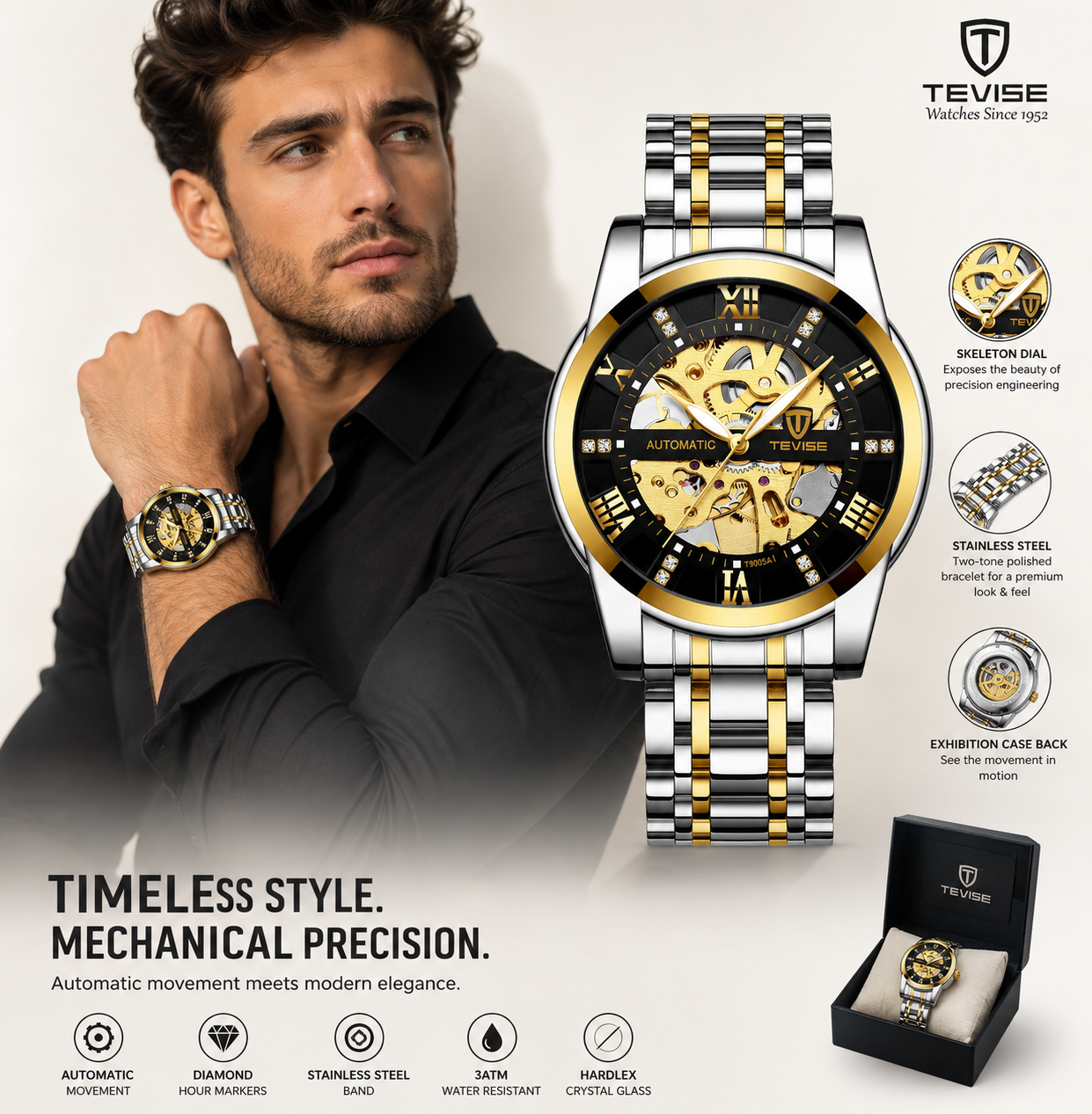 TEVISE Men’s Automatic Skeleton Watch – Luxury Two-Tone Stainless Steel Mechanical Wristwatch