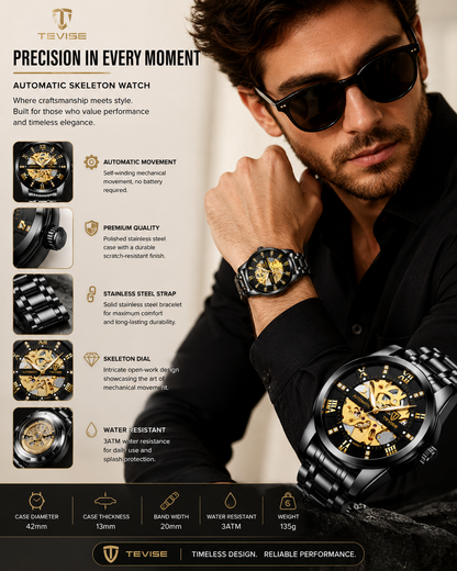 TEVISE Men’s Automatic Skeleton Watch – Luxury Two-Tone Stainless Steel Mechanical Wristwatch