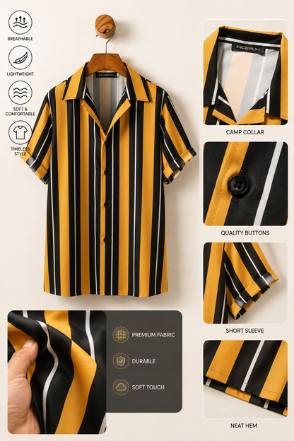 Unisex Yellow & Black Striped Short Sleeve Button-Up Summer Shirt