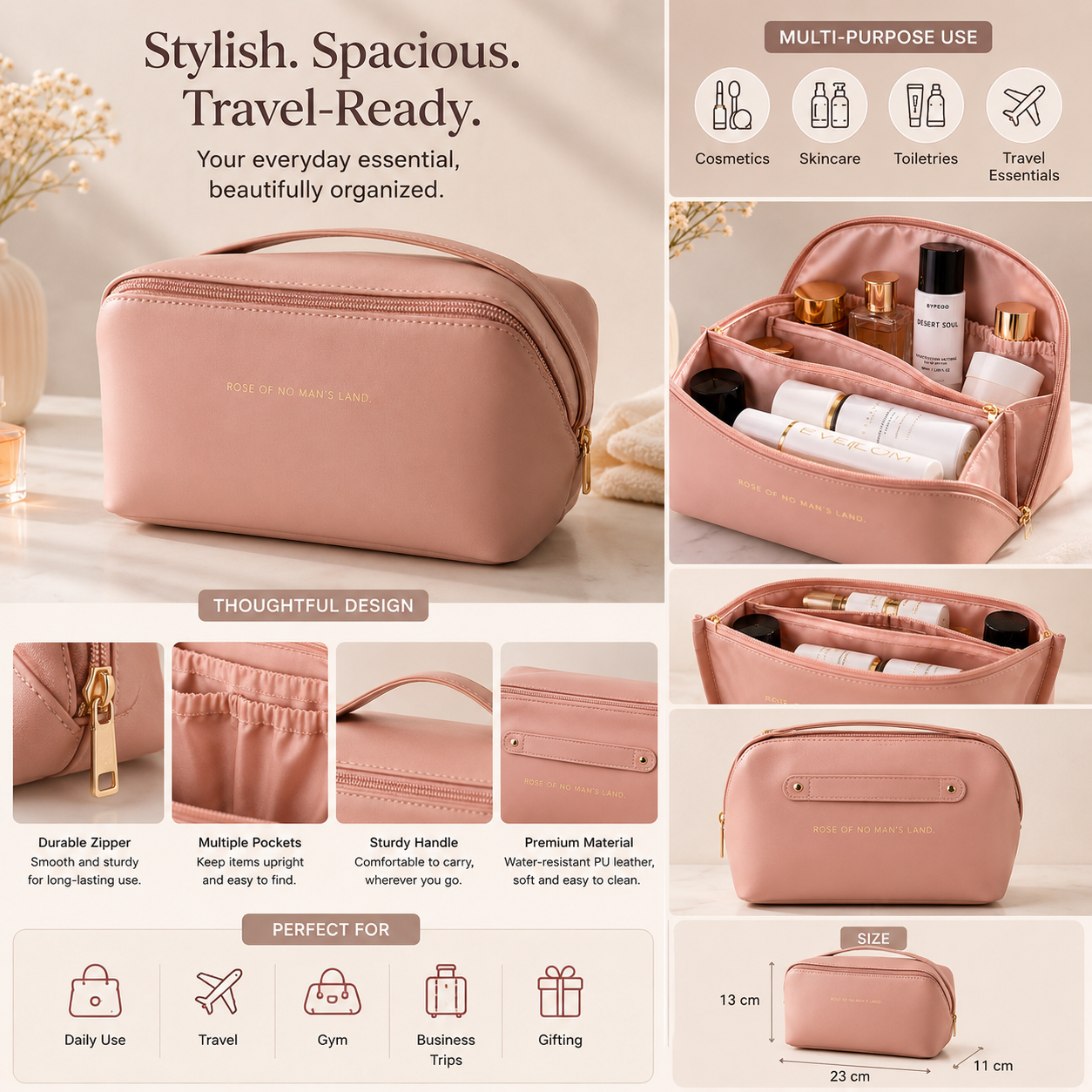 Premium Blush Pink Makeup Bag – Travel Cosmetic Organizer for Women