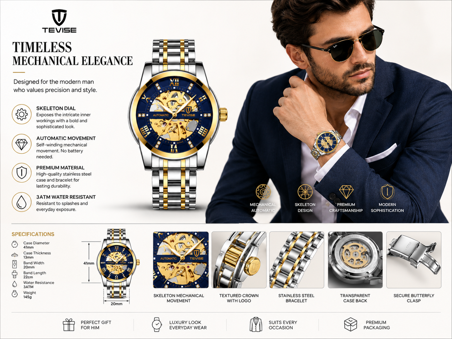 TEVISE Men’s Automatic Skeleton Watch – Luxury Two-Tone Stainless Steel Mechanical Wristwatch