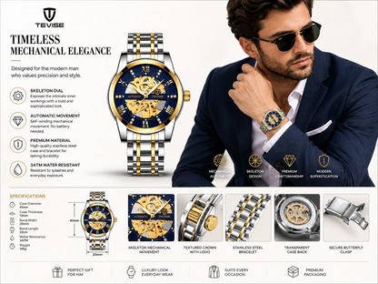 TEVISE Men’s Automatic Skeleton Watch – Luxury Two-Tone Stainless Steel Mechanical Wristwatch