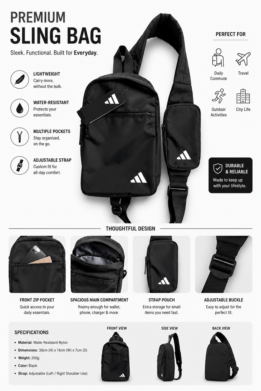 Adidas Black Crossbody Sling Bag – Lightweight Adjustable Shoulder Chest Bag with Multiple Zip Pockets