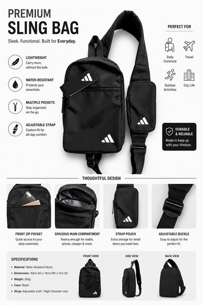 Adidas Black Crossbody Sling Bag – Lightweight Adjustable Shoulder Chest Bag with Multiple Zip Pockets