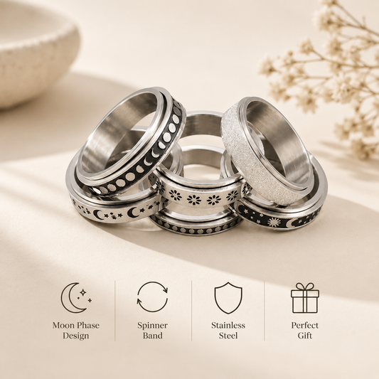 Stainless Steel Rotatable Spinner Ring Moon Stars Relieve Anxiety Rings