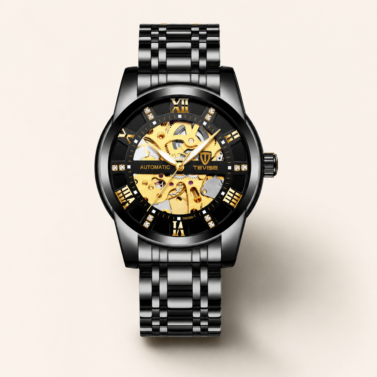 TEVISE Men’s Automatic Skeleton Watch – Luxury Two-Tone Stainless Steel Mechanical Wristwatch