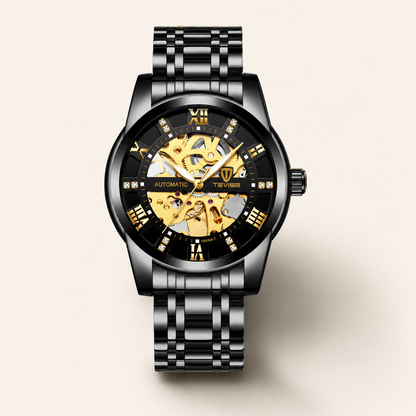 TEVISE Men’s Automatic Skeleton Watch – Luxury Two-Tone Stainless Steel Mechanical Wristwatch