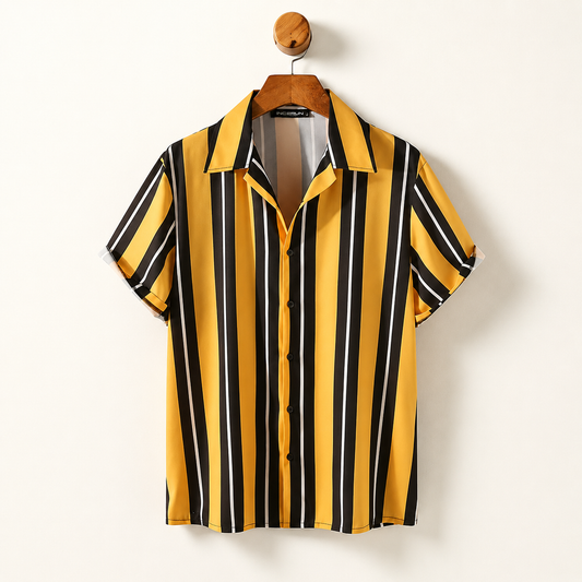 Unisex Yellow & Black Striped Short Sleeve Button-Up Summer Shirt