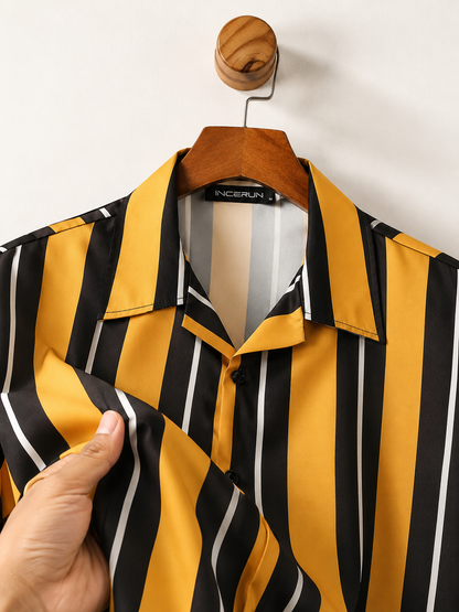Unisex Yellow & Black Striped Short Sleeve Button-Up Summer Shirt