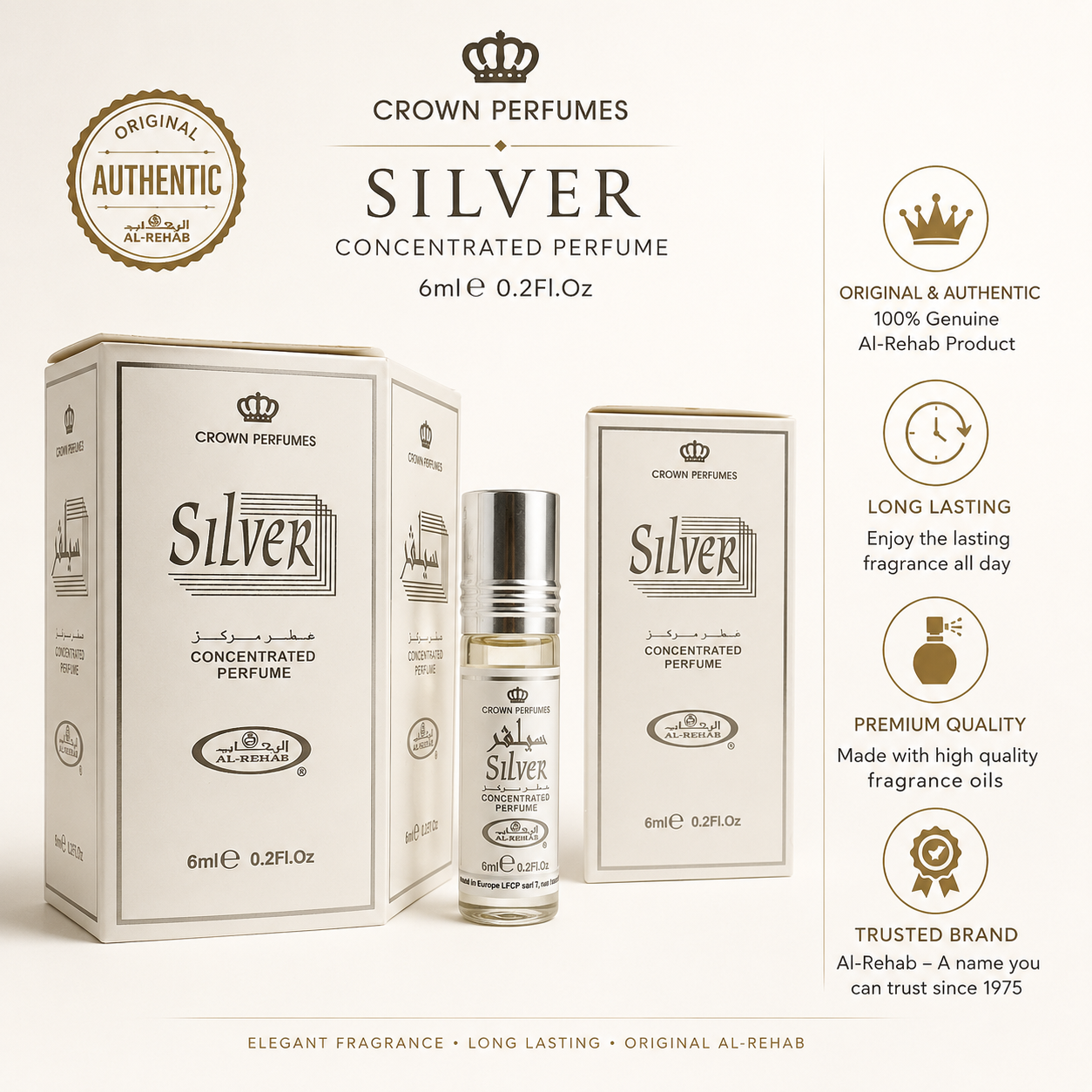 Al-Rehab Silver Concentrated Perfume Oil 6ml | Alcohol-Free Roll-On Attar | Long Lasting | Made in UAE | Unisex