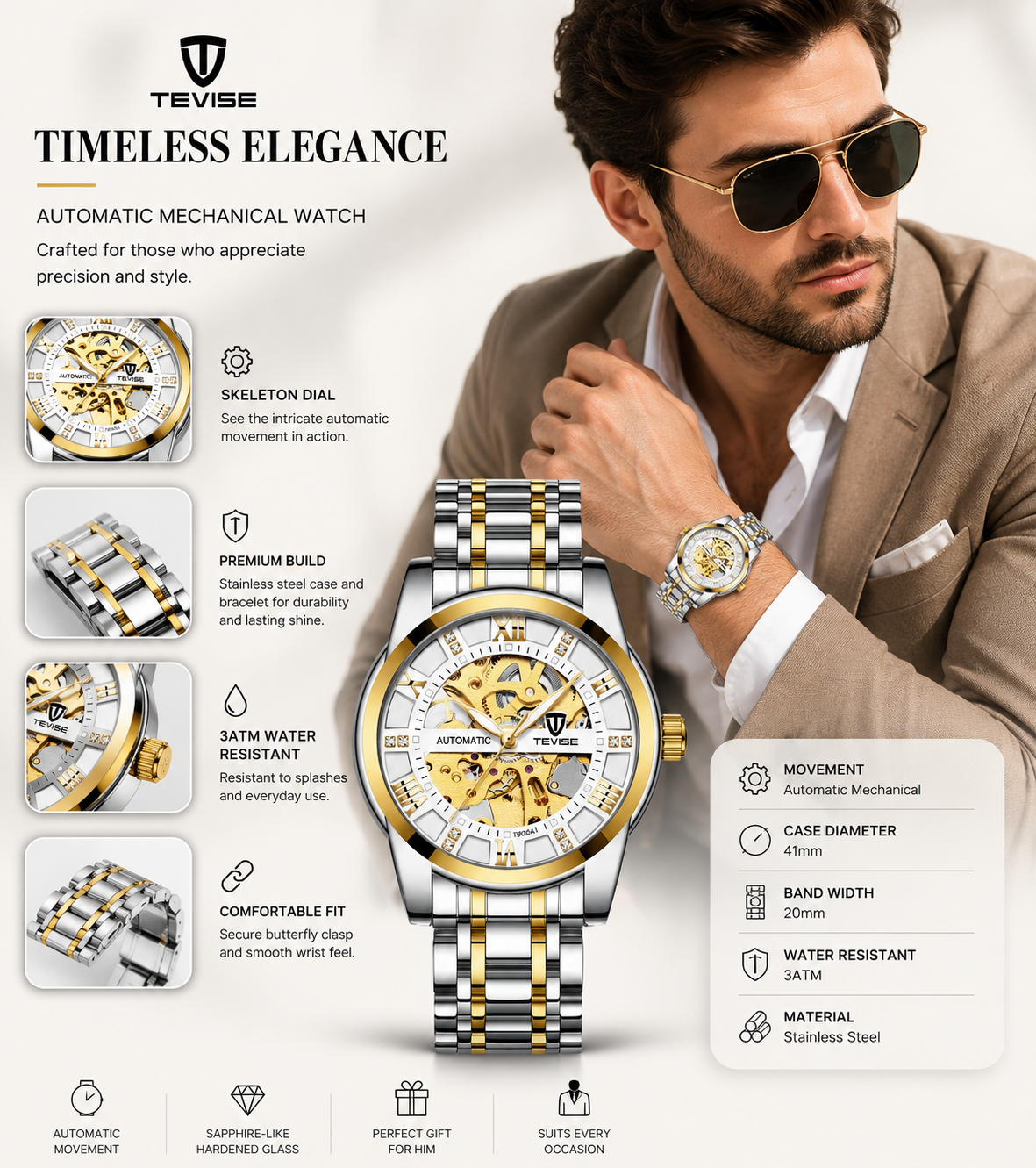 TEVISE Men’s Automatic Skeleton Watch – Luxury Two-Tone Stainless Steel Mechanical Wristwatch