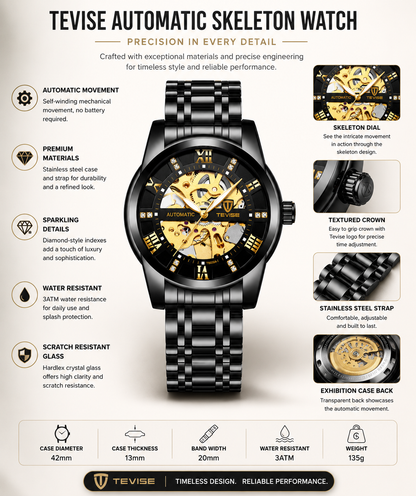 TEVISE Men’s Automatic Skeleton Watch – Luxury Two-Tone Stainless Steel Mechanical Wristwatch
