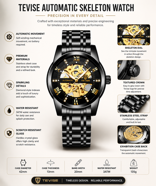 TEVISE Luxury Two-Tone Stainless Steel Mechanical Wristwatch