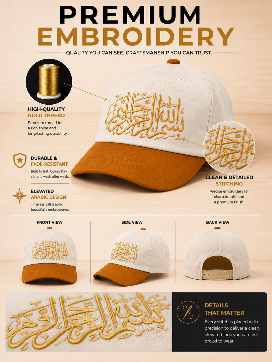 Premium Arabic Embroidery Unisex Baseball Cap – 100% Cotton Adjustable Hat