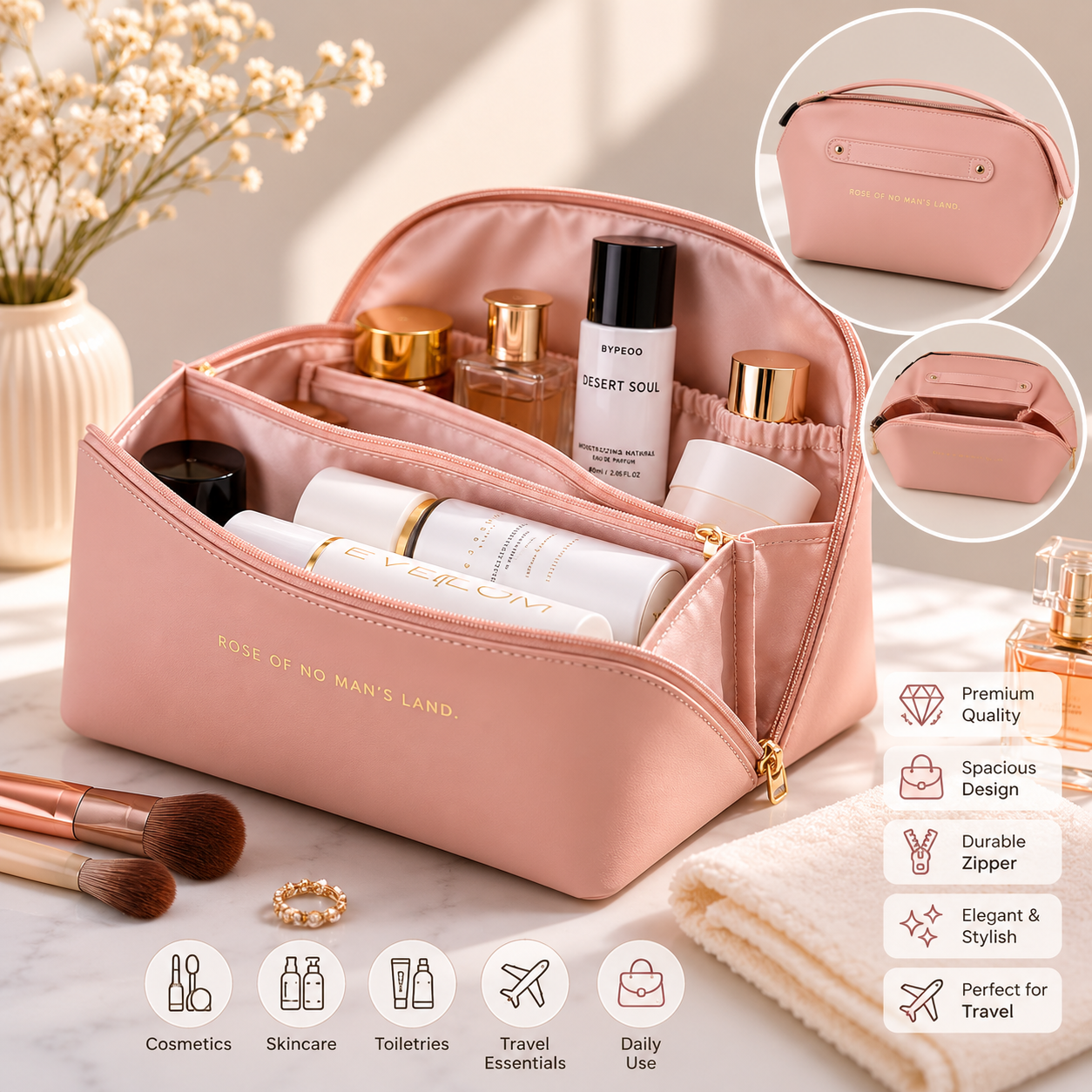 Premium Blush Pink Makeup Bag – Travel Cosmetic Organizer for Women