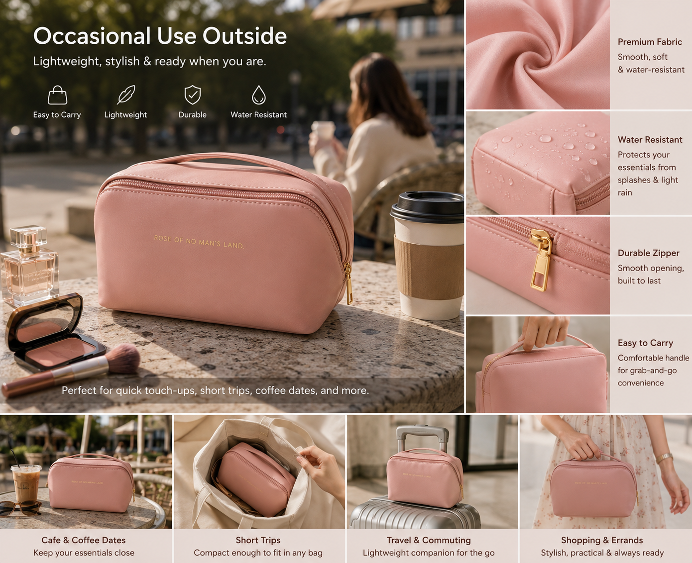 Premium Blush Pink Makeup Bag – Travel Cosmetic Organizer for Women