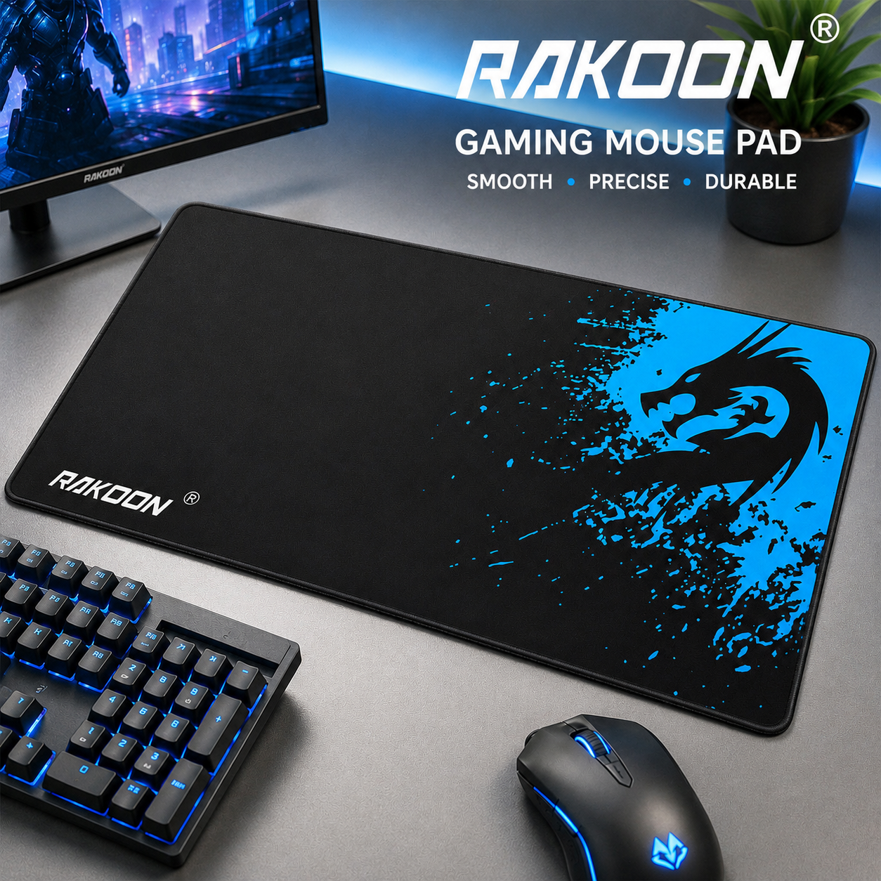RAKOON Gaming Mouse Pad – Large Non-Slip Desk Mat with Stitched Edges