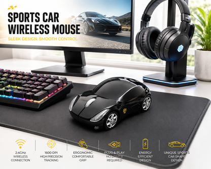 Sports Car Wireless Optical Mouse – 2.4GHz USB Computer Mouse | Ergonomic Plug & Play for Laptop & PC