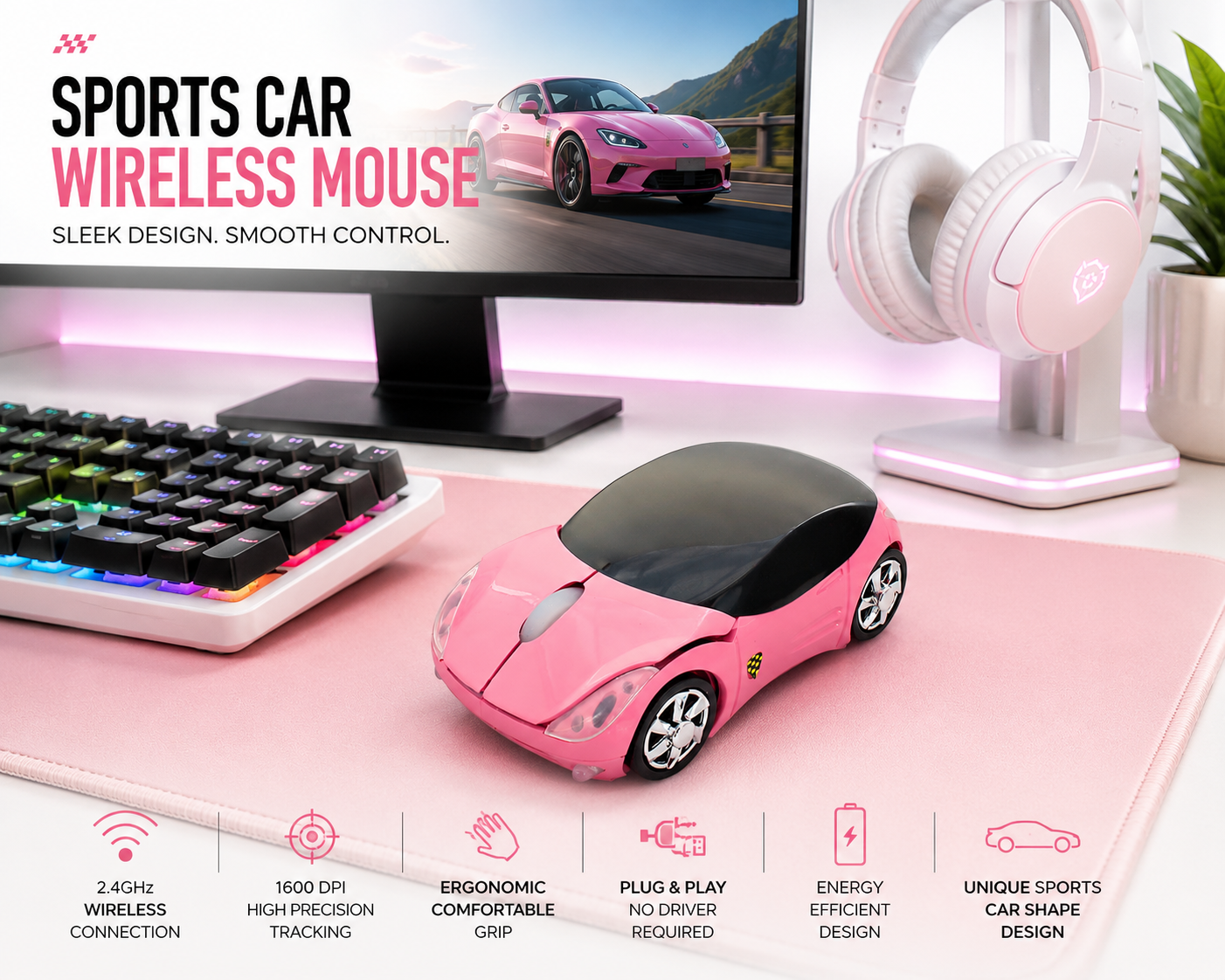 Sports Car Wireless Optical Mouse – 2.4GHz USB Computer Mouse | Ergonomic Plug & Play for Laptop & PC