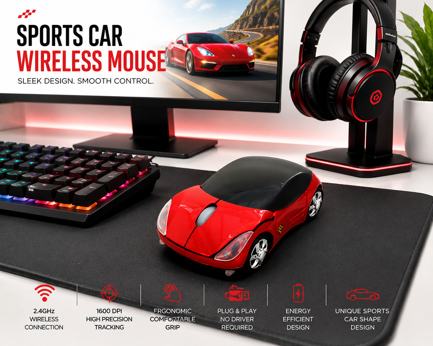 Sports Car Wireless Optical Mouse – 2.4GHz USB Computer Mouse | Ergonomic Plug & Play for Laptop & PC