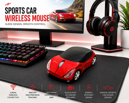 Sports Car Wireless Optical Mouse – 2.4GHz USB Computer Mouse | Ergonomic Plug & Play for Laptop & PC