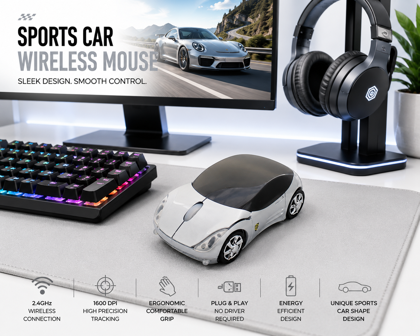 Sports Car Wireless Optical Mouse – 2.4GHz USB Computer Mouse | Ergonomic Plug & Play for Laptop & PC