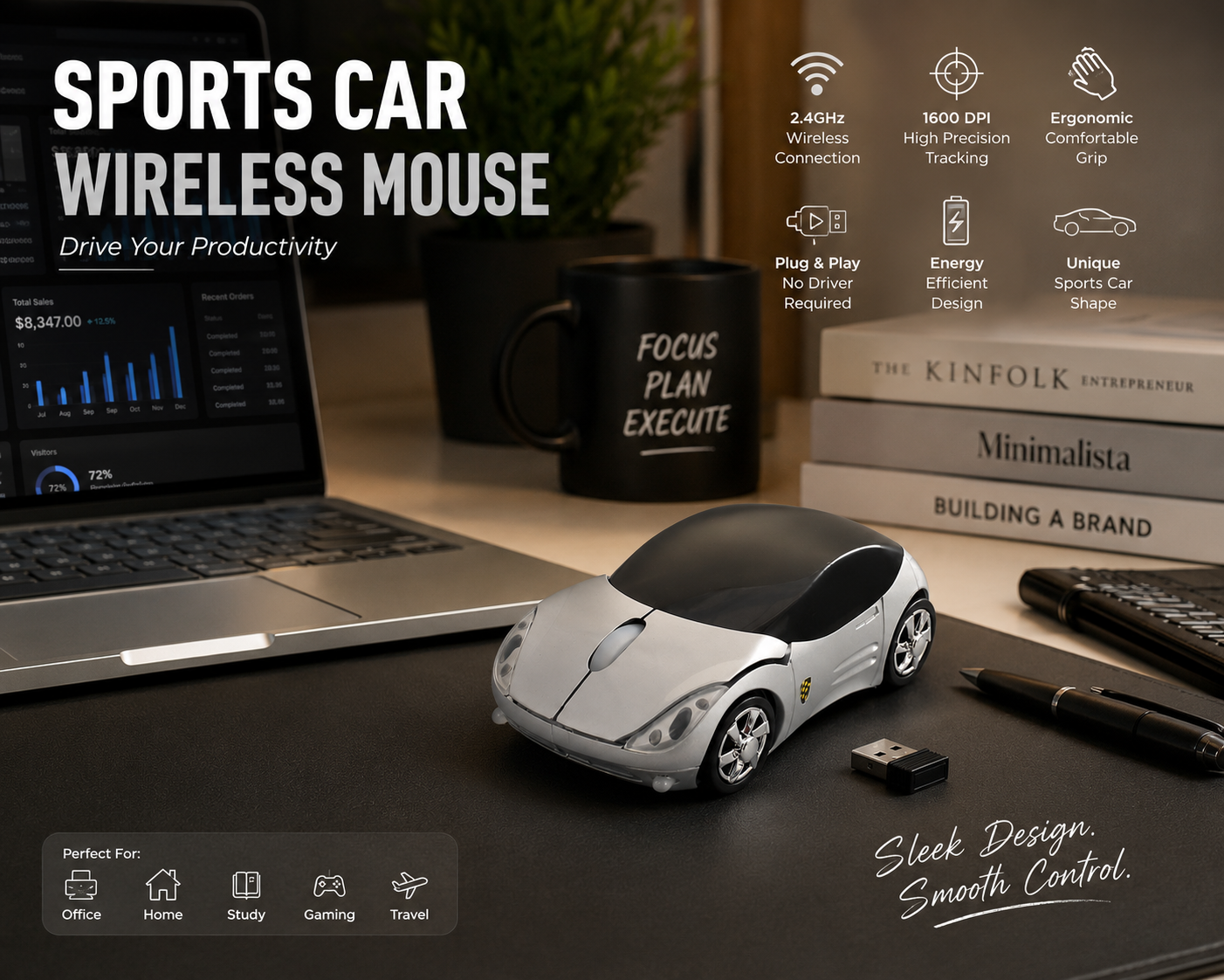 Sports Car Wireless Optical Mouse – 2.4GHz USB Computer Mouse | Ergonomic Plug & Play for Laptop & PC