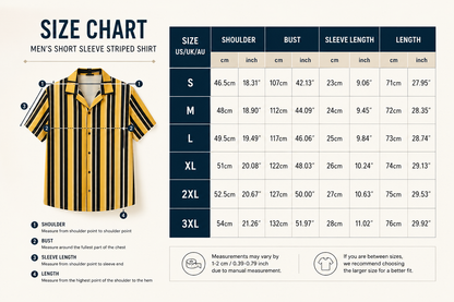 Unisex Yellow & Black Striped Short Sleeve Button-Up Summer Shirt