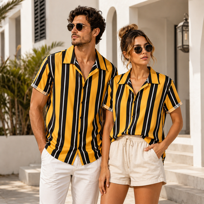 Unisex Yellow & Black Striped Short Sleeve Button-Up Summer Shirt