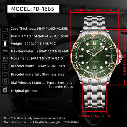 Pagani Design 2026 Automatic Mechanical Watch – Green Dial, Sapphire Crystal, Miyota 8215, Stainless Steel